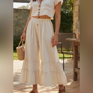 Umgee Ruffle Tiered Leg Linen Blend Off White Boho Pull On Flare Pants Size S